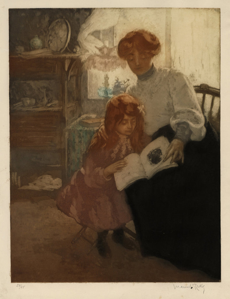 Gravure Originale Art Nouveau Manuel Robbe (1900) - Deux Femmes En Conversation