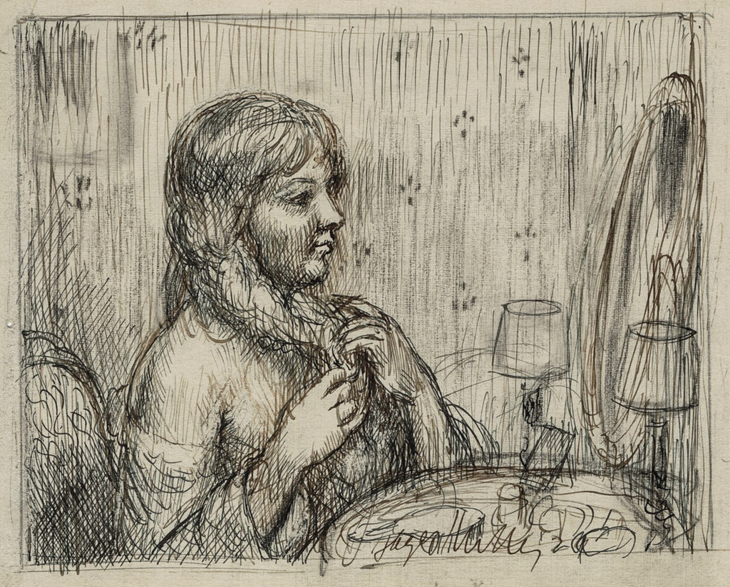 knee length dresses for ladies Kenneth Hayes Miller- At the Dressing Table - Ink drawing