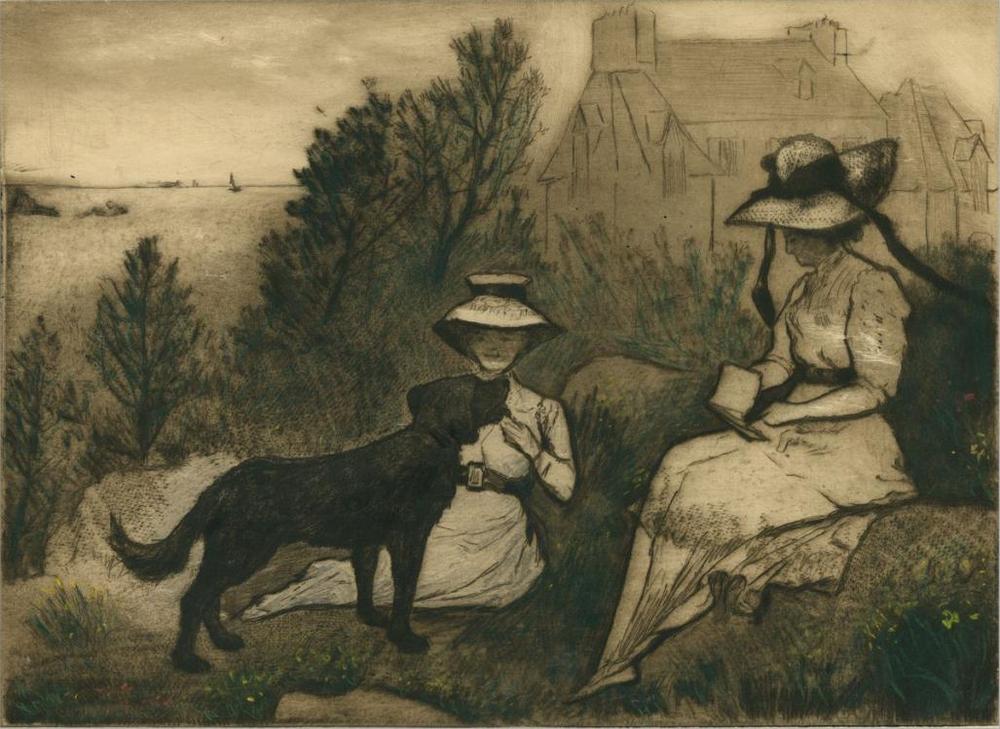 Emile-Jean Sulpis - Au Jardin - Two elegant women in garden - dog sea countryside - intaglio.jpg