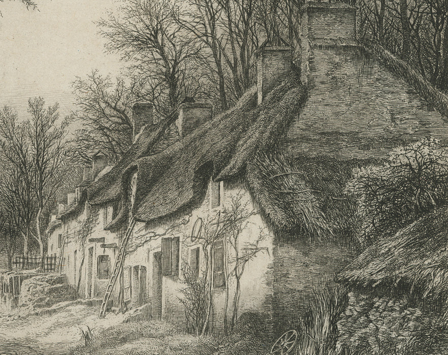 Eugene Blery - Les Chaumieres - etching - eau-forte - foret - forest - thatched roof - detail
