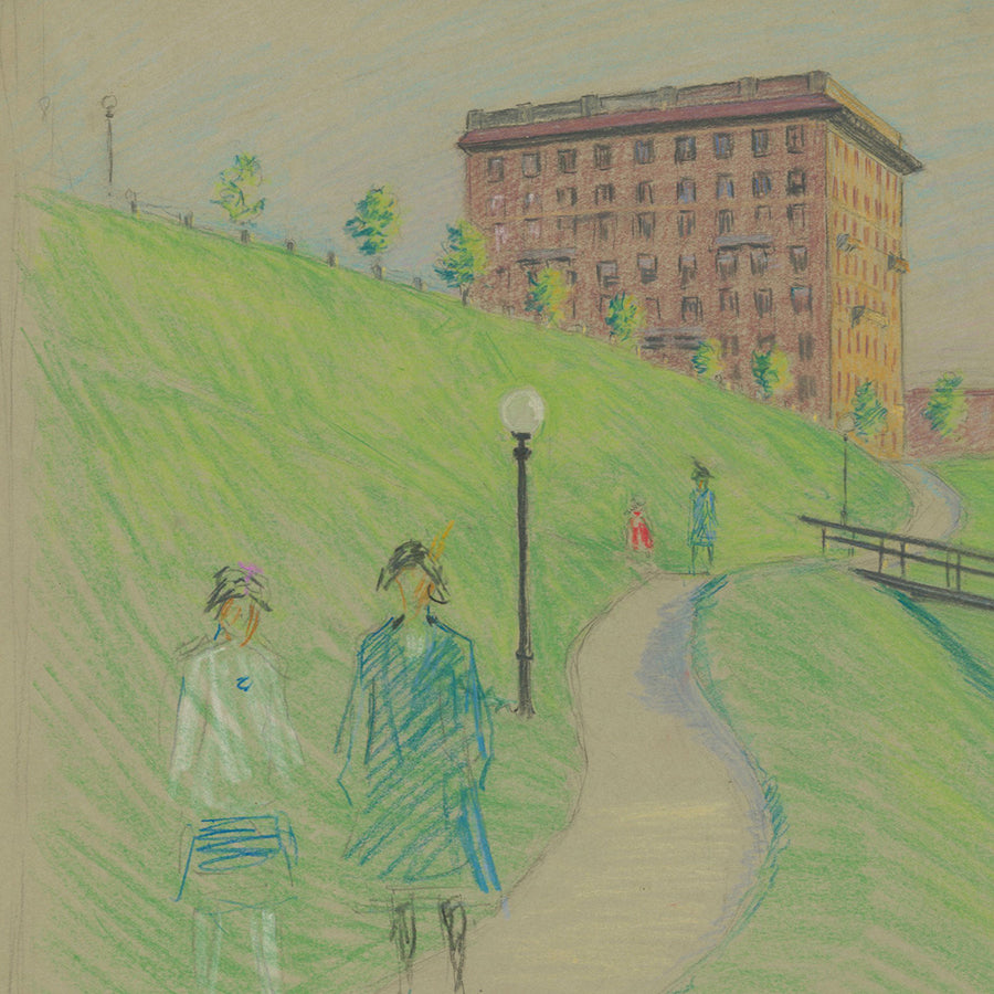 George T Tobin - Riverside Drive - Pastel - women walking down path on green hill - detail