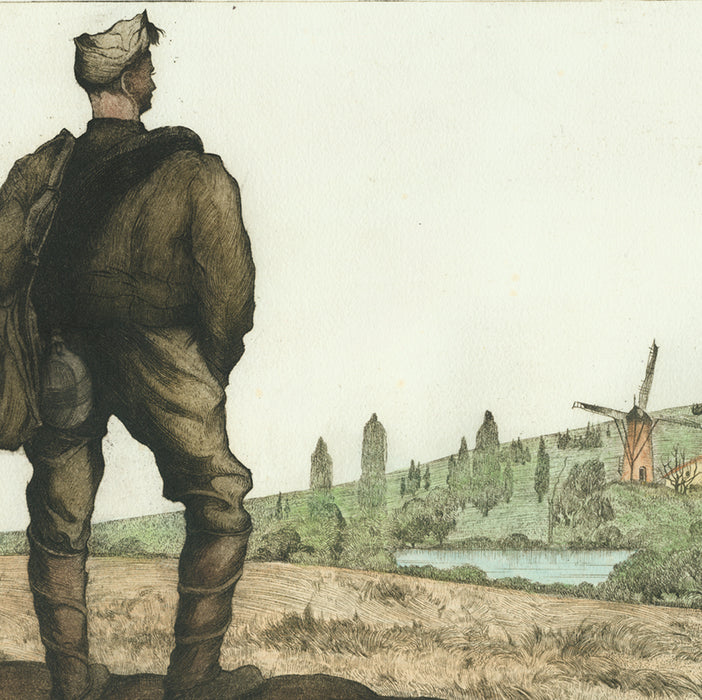Color etching and aquatint - by LANGASKENS, Maurice - titled: Leaving the Village for Good