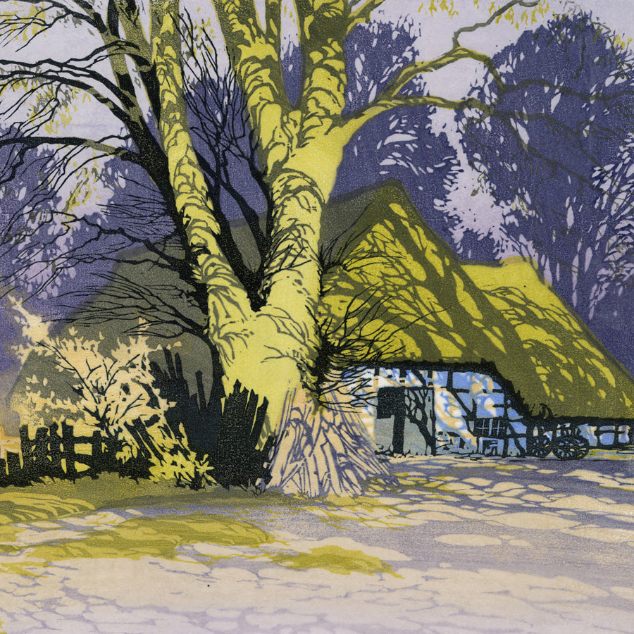 Oscar Droege - Thatched Roof in the Shade of Trees - Color woodcut on Japan paper 