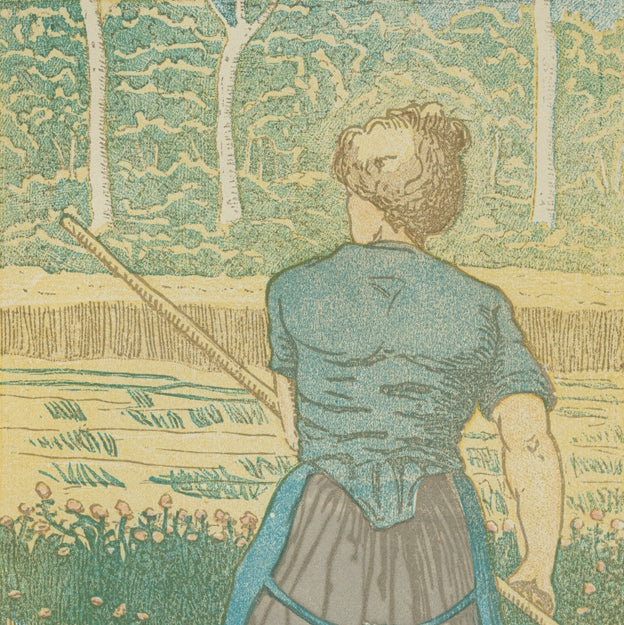 Color woodcut - by BRUSSELMANS, Jean - titled: Reaper Seen from the Back
