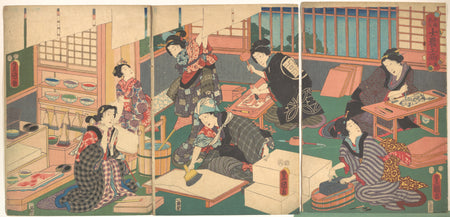 Utagawa Kunisada 1786–1864 - Artisans - tryptich showing Japanese color woodblosk prints being made - museum collection