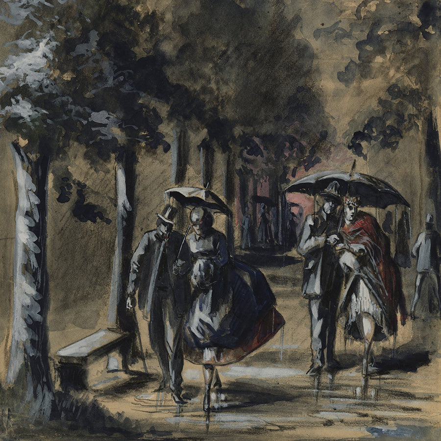 Albert ADAM - Couples with Umbrellas, Walking in the Rain - detail
