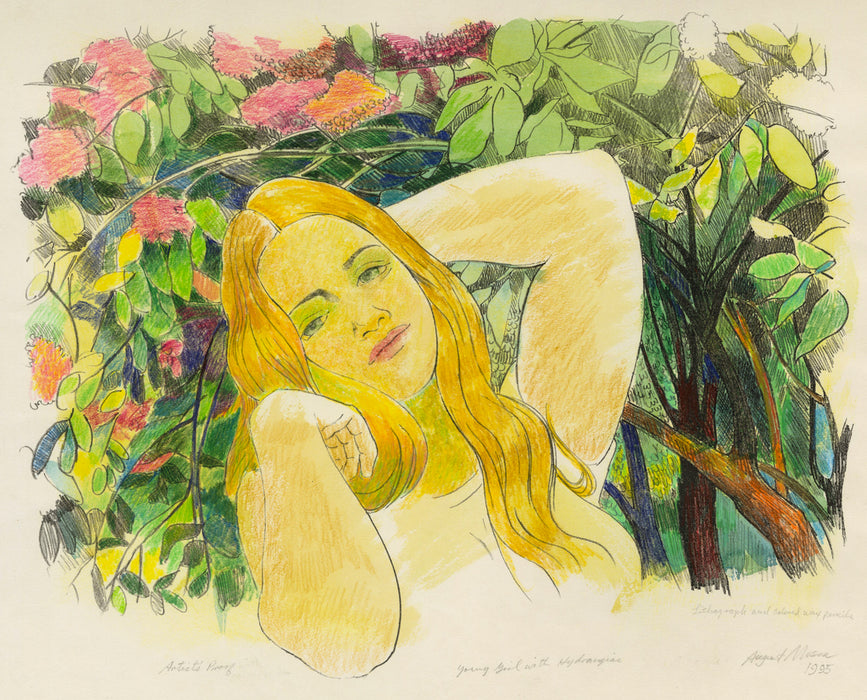 August Mosca - Young Girl with Hydrangeas, hand colored - main 