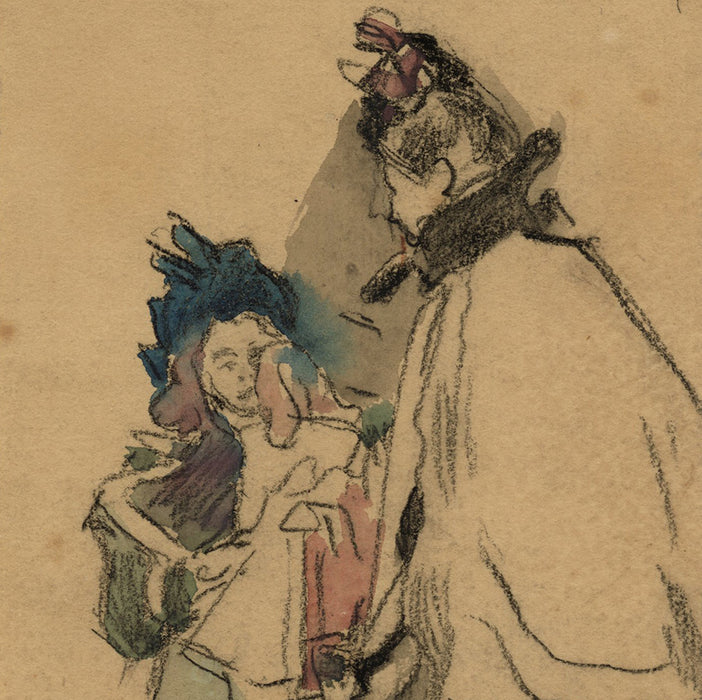 Watercolor and black crayon - by LEPERE, Auguste - titled: Une Mère et Sa Fille dans la Neige