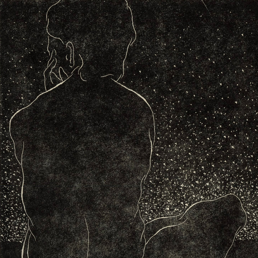 Betram REIBEL - Back of a Seated Nude Woman in Front of a Starlit Horizon - Wood engraving - 1966 - detail