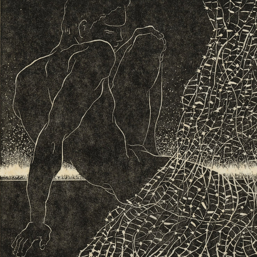 Betram REIBEL - Seated Nude Man with His Fishing Net in Front of a Starlit Horizon with a Sailboat - Wood engraving - 1972 - detail