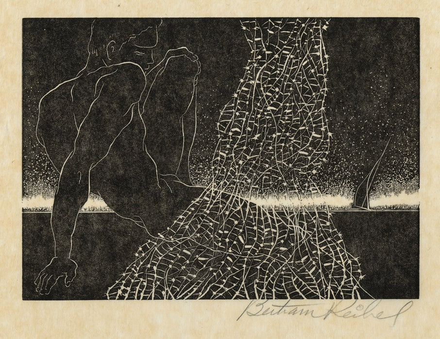 Bertram Reibel - Seated Nude Man with His Fishing Net in Front of a Starlit Horizon with a Sailboat - main 