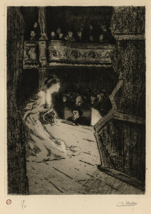 Etching, drypoint and aquatint - by HALLO, Charles Jean - titled: Actrice Saluant - Chanteuse du Café-Concert