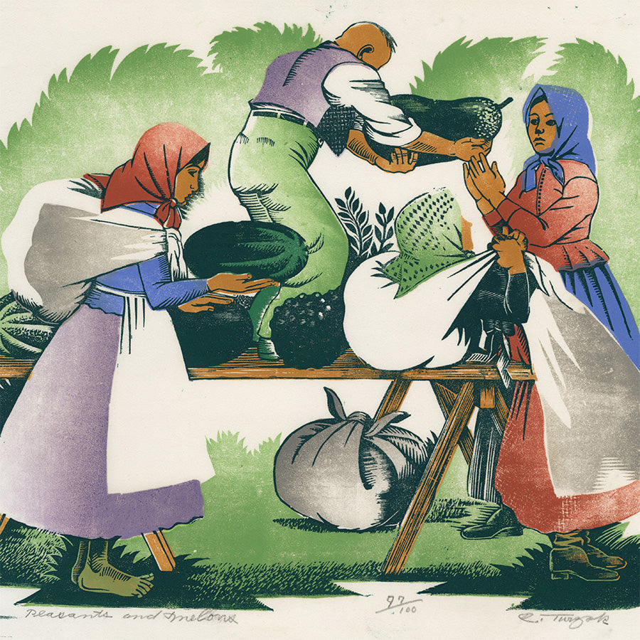 Charles Turzak - Peasants and Melons - color linocut or woodcut - naive art - detail