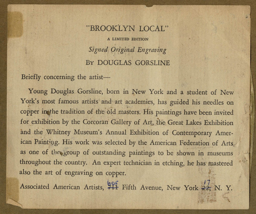 Douglas W Gorsline - Brooklyn Local - etching - original label