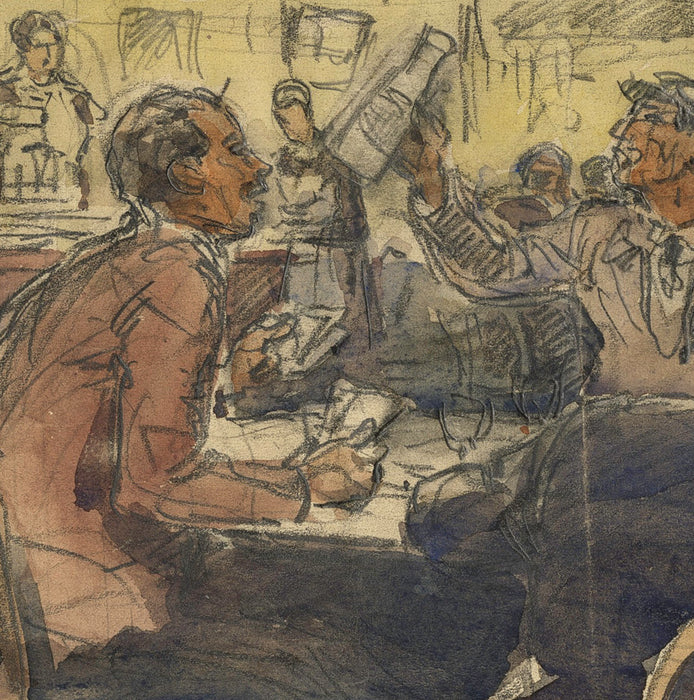 Watercolor and ink - by ELZINGER, Edouard - titled: Cafe Scene
