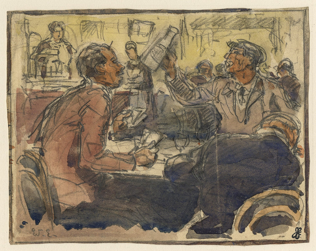 Edouard ELZINGER - Cafe Scene - Pencil, ink, and watercolor sketch ...