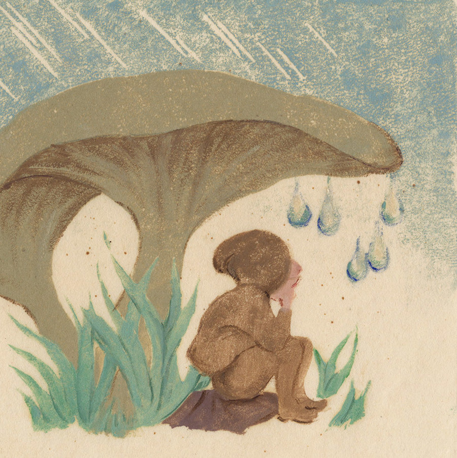 Ella Fillmore Lillie - Rain Drops - fantasy grome sheltering from the rain under a toadstool - detail