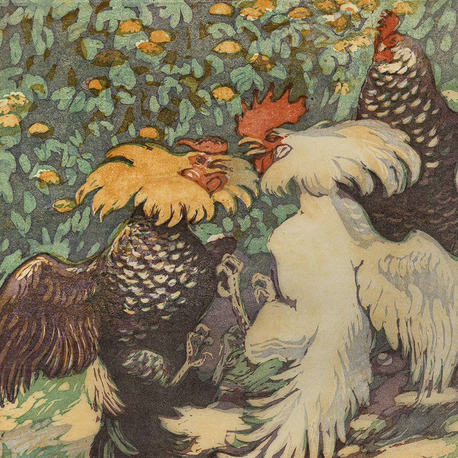 Emil POTTNER - Hanenkampf - Cock Fight - Color woodcut  detail