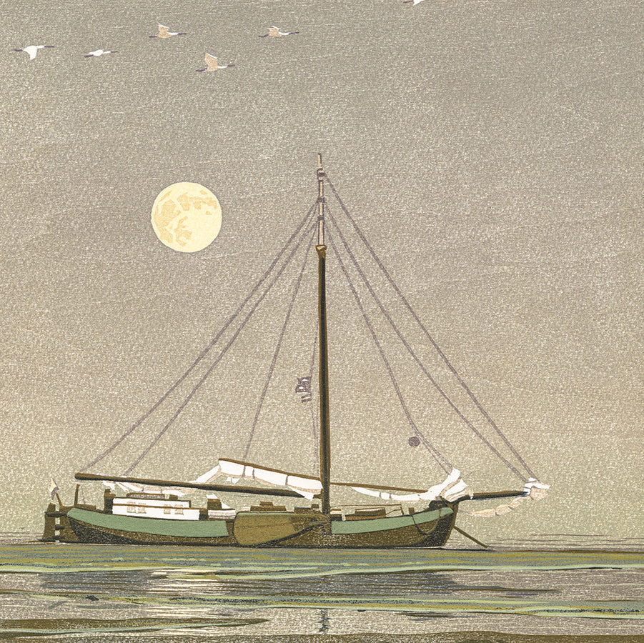 Erik VAN OMMEN - Tjalk met lepelaars - Tjalk with spoonbills - Color woodcut reduction - detail