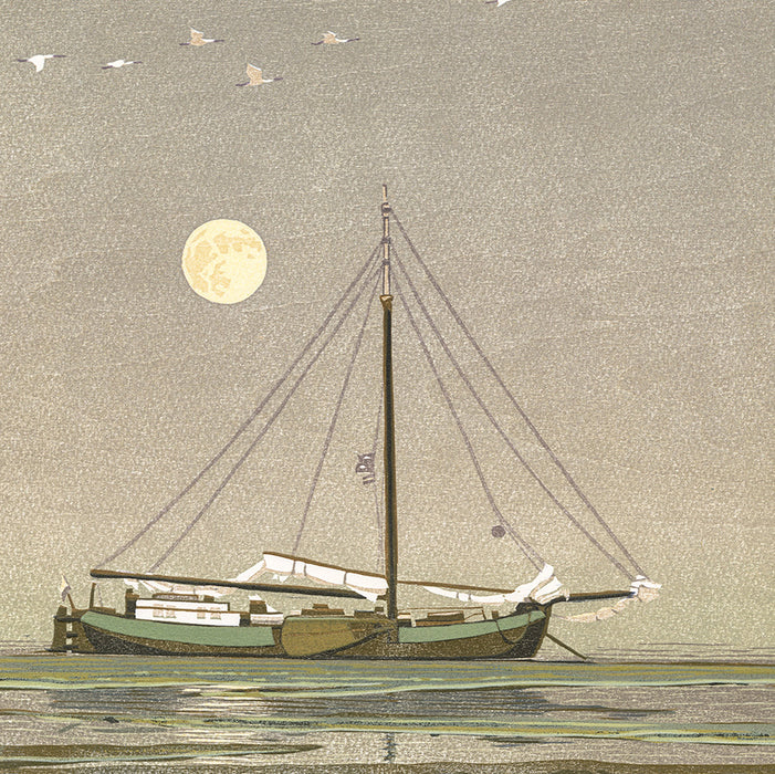 Erik VAN OMMEN - Tjalk met lepelaars - Tjalk with spoonbills - Color woodcut reduction - detail