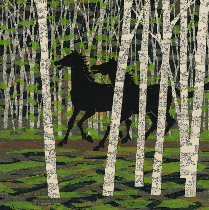 FUJITA Fumio - Running Through the Forest  - Woodblock print - color woodcut - 1977 - detail