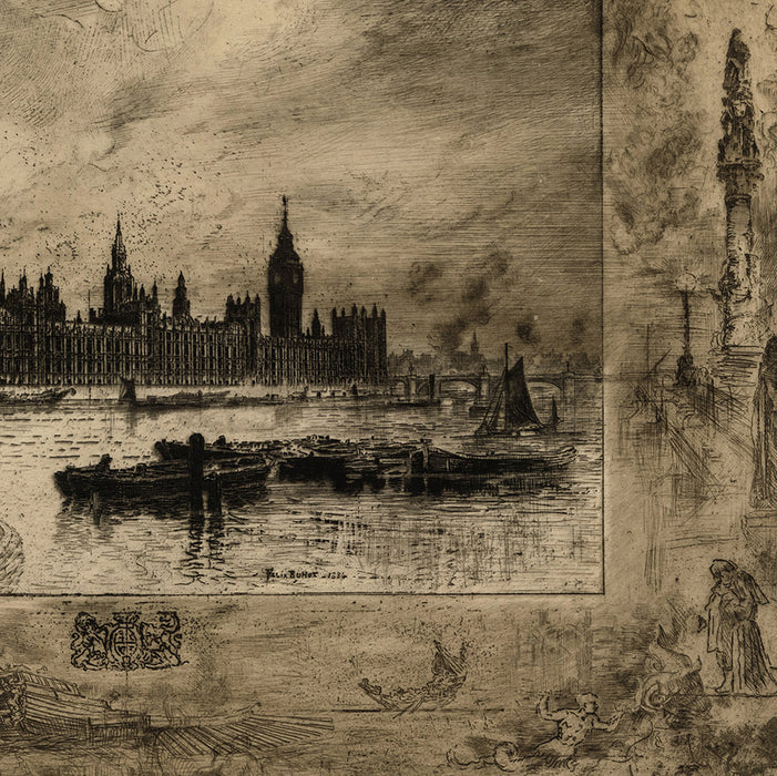 Etching and drypoint - by BUHOT, Felix - titled: Westminster Palace