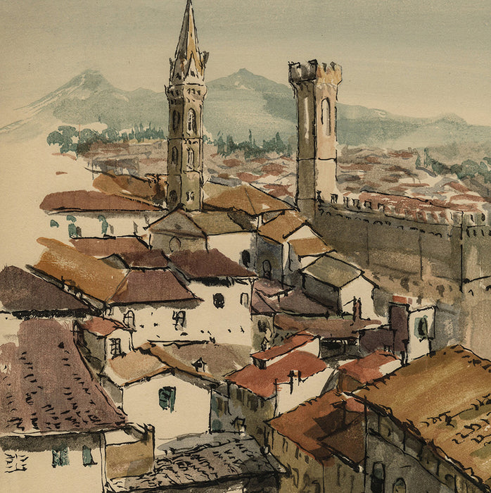 Color woodcut - by COSTER, Germaine De - titled: Roofs and Palace in Florence