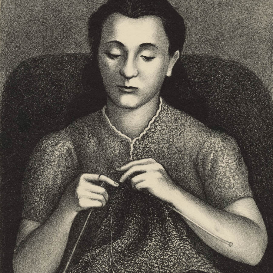 Harold Anchel - Woman Knitting - Lithograph - detail