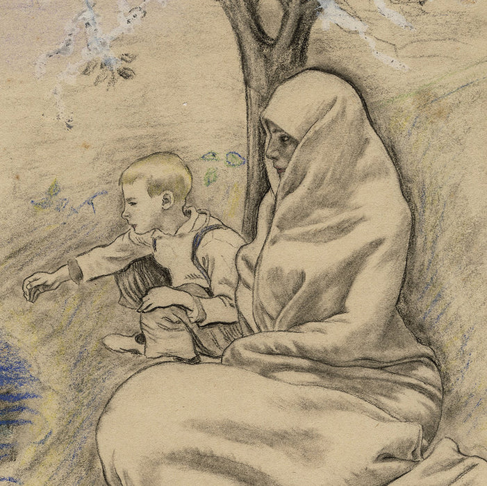 Pastel and pencil drawing - by LEGRAND, Louis - titled: Mother and Child Feeding the Swans