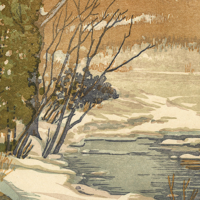 Louis Novak - A Winter Brook -  Color Woodcut - detail