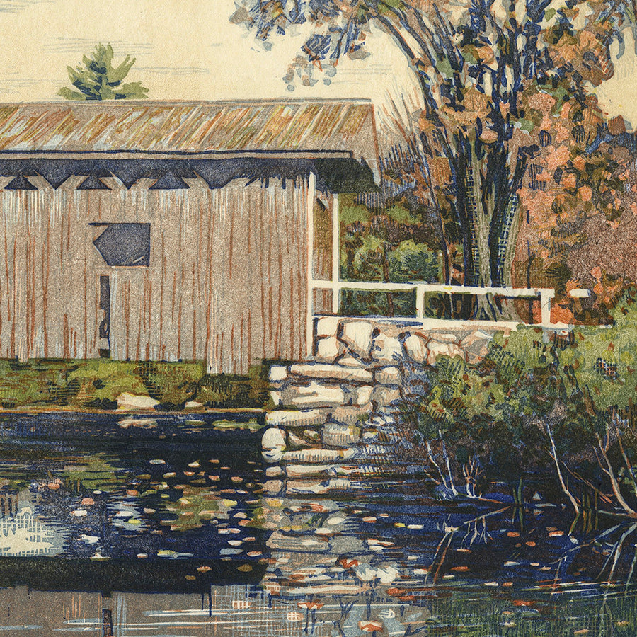 Louis Novak - Reflections and a Covered Bridge -  Color Woodcut - detail