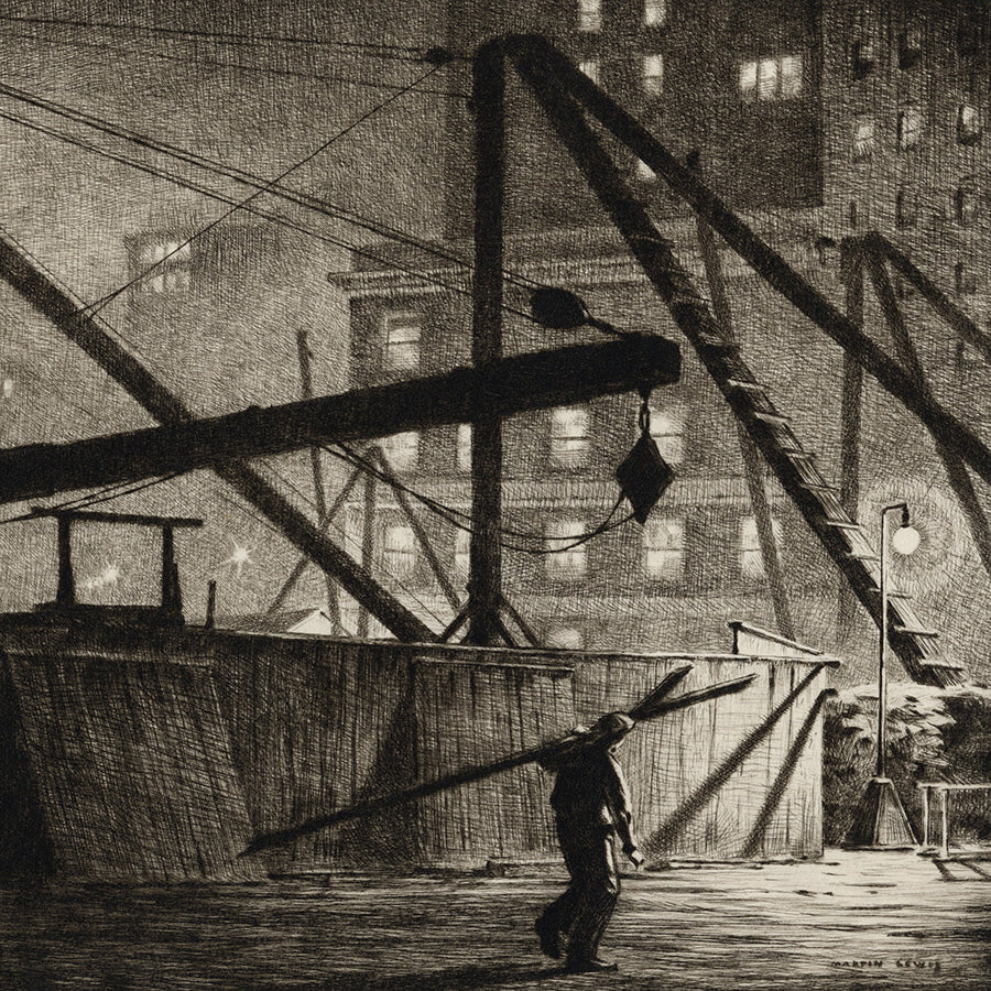 Martin Lewis - Derricks at Night - foggy night in New York City - detail