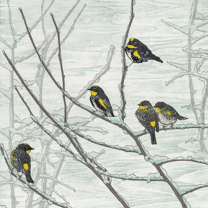 Color linocut reduction - by WALES, Monique - titled: Butterbutts on Redbuds