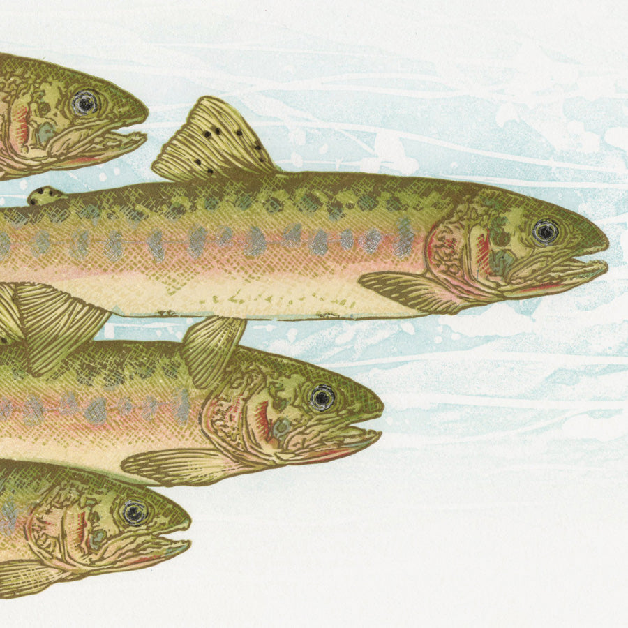 Monique Wales - Swimming Upstream - color linocut reduction - detail