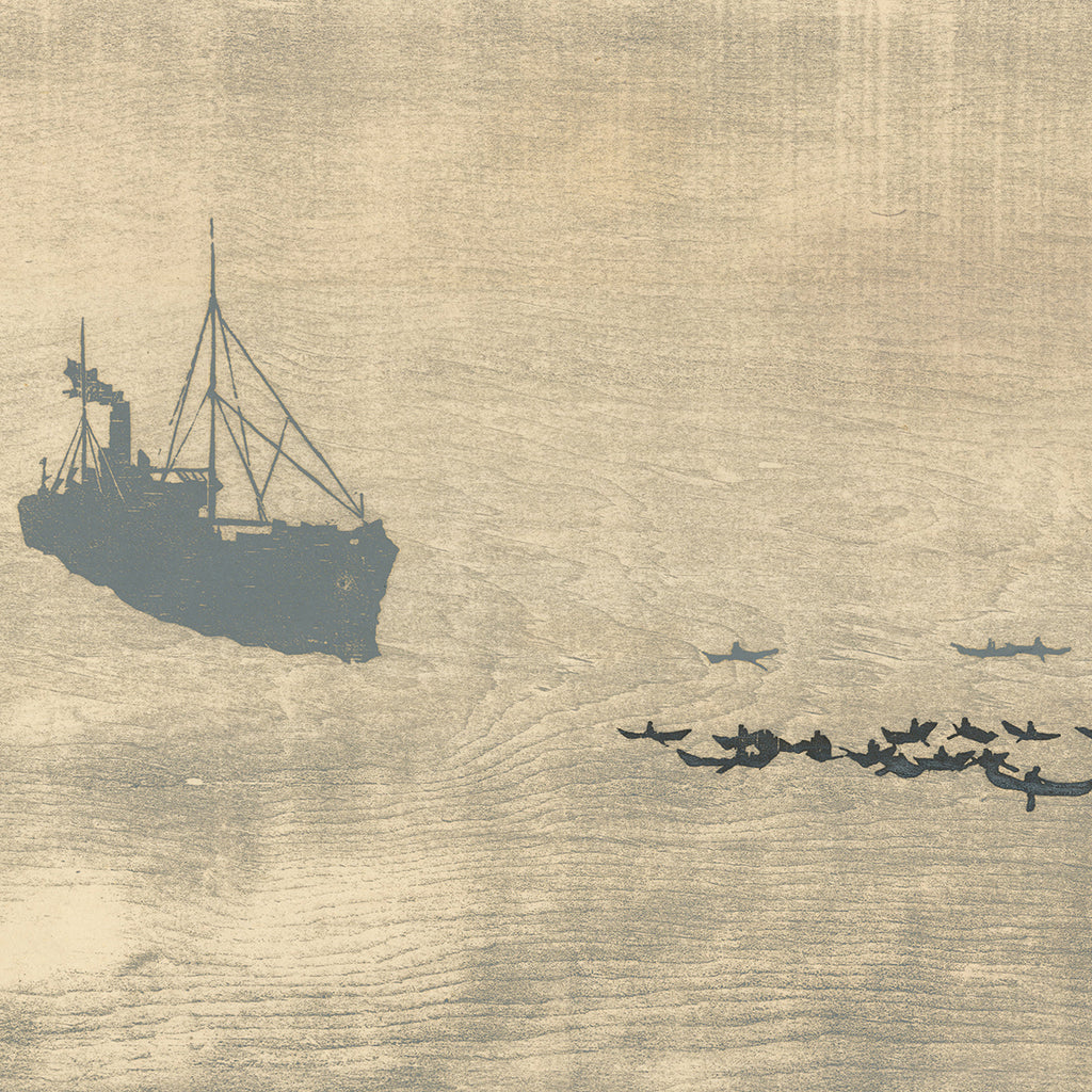 Paul Shaub - Grand Banks Fishing - woodcut commercial fishing boats sound harbor ocean - detail