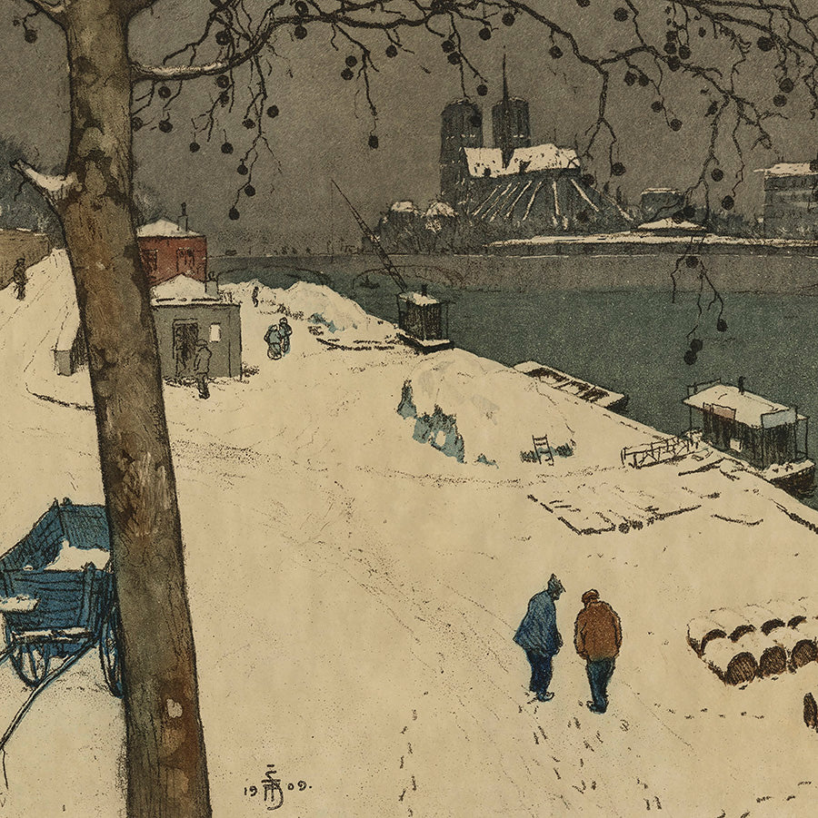 Tavik Frantisek SIMON - Quai de la Tournelle - Notre Dame under Snow - Color aquatint and soft-ground etching - 1909 detail