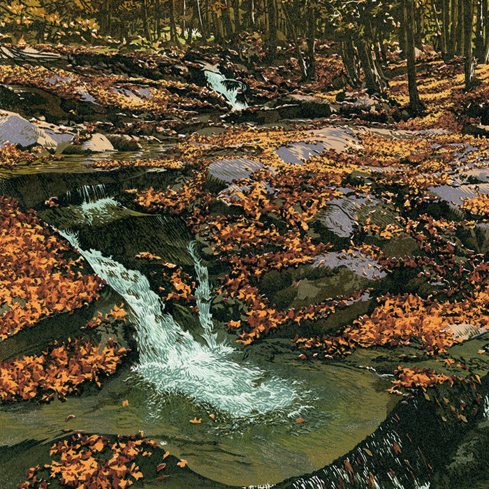 William HAYS - Autumn Cascade  - Color linocut on Stonehenge wove paper - 2024 - detail