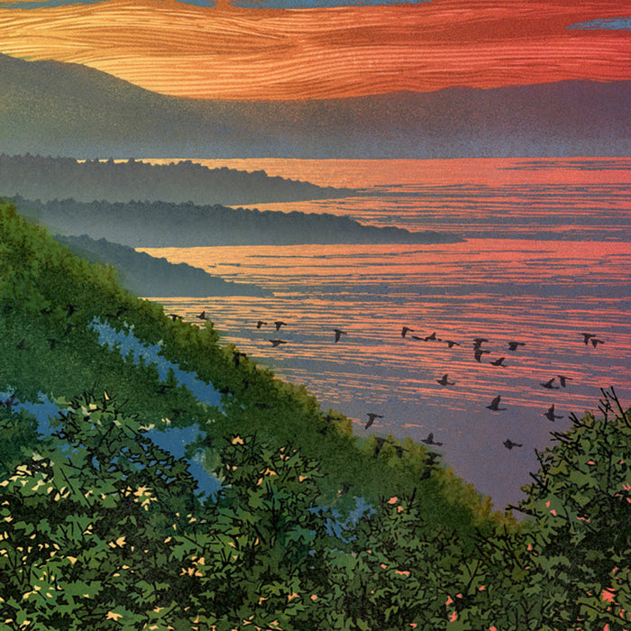Linocut - by HAYS, William H. - titled: Winged Sunset