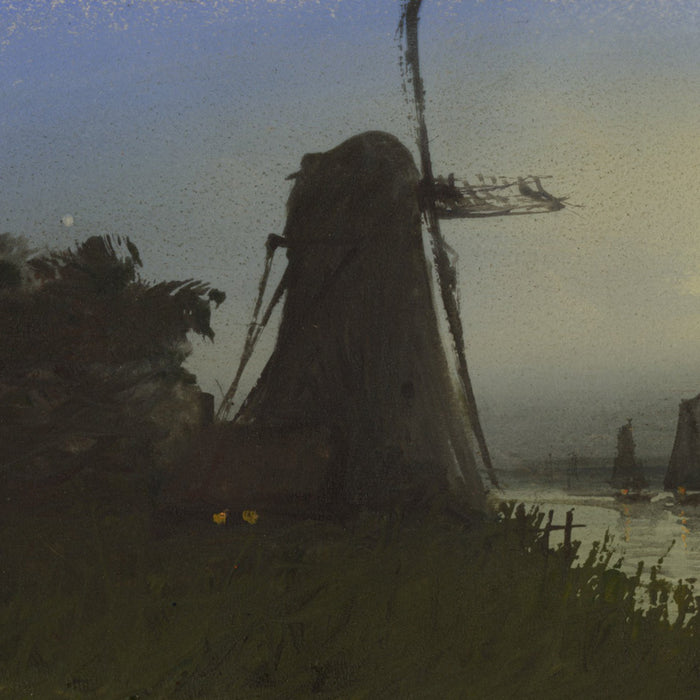 Gouache - by RITSCHEL, William - titled: Moonlit Windmills by the River