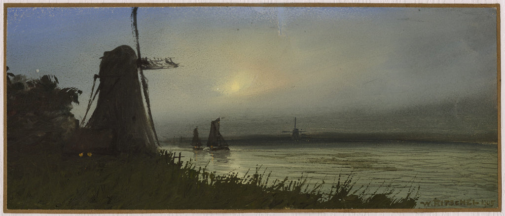 William Ritschel - Moonlit Windmills by the River - pastel - 1905 ...