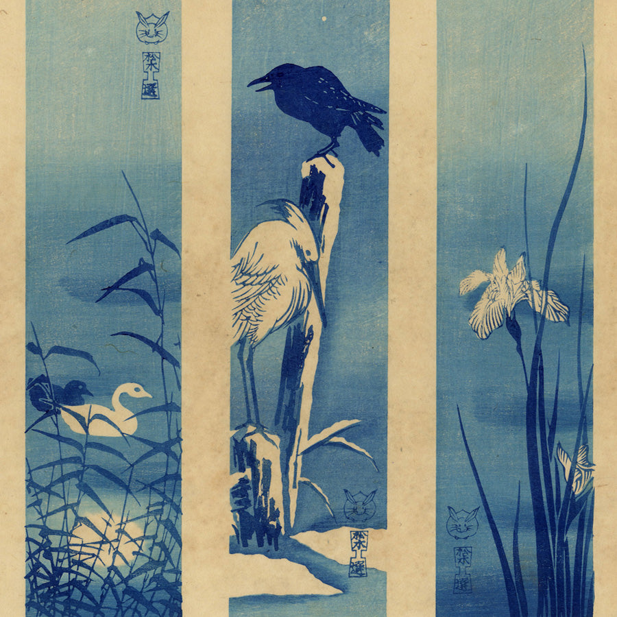 ANONYMOUS - Japanese, XXth century - Summer Birds Bookmarks - Woodblock prints, color woodcuts detail 
