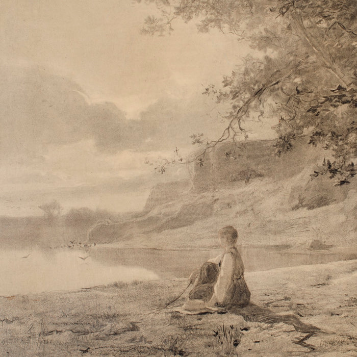 Charcoal and watercolor - by APPIAN, Adolphe - titled: Woman on the Bank of a Pond