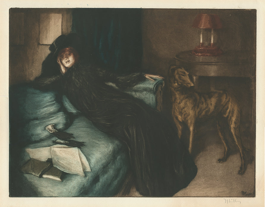 Alfredo Muller - La Nonchalante - nonchalant - book on bed - greyhound - color aquatint etching