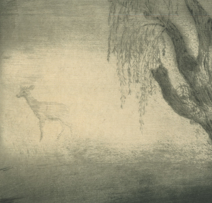 Allen Lewis - Willow and Deer in the Mist - intaglio