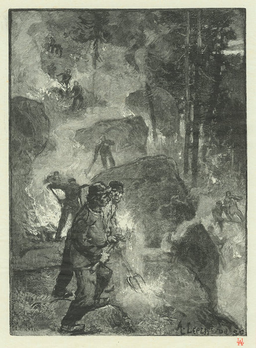 Auguste Lepere - Les bruleurs de fougeres dans la Foret - wood engraving - Fontainebleau - Fern Burning