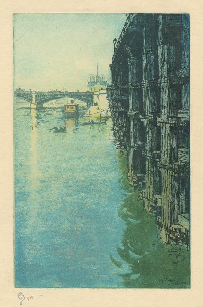 Eugene Bejot - color etching and aquatint - bridge and Notre-Dame de Paris