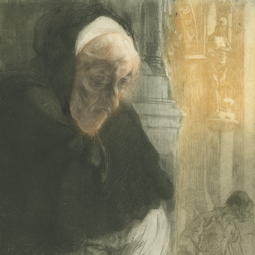 Edgar Chahine - Vieille Mendiante a LEglise - female beggar at church - Tabanelli 53 - color soft ground etching and drypoint