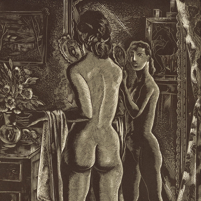 Emil Ganso - Studio Mirror - dual tone wood engraving - nude woman standing mirror - wide hip fetish art - detail1