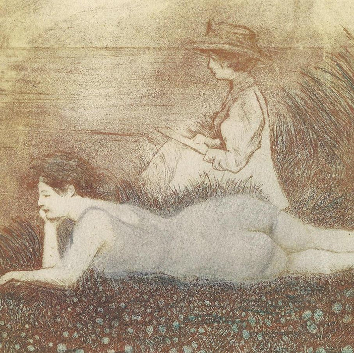 Emile-Jean Sulpis - Dolce Farniente dans la Dune - Women lounging in the meadow - elegant - recreation leisure - Etching and aquatint