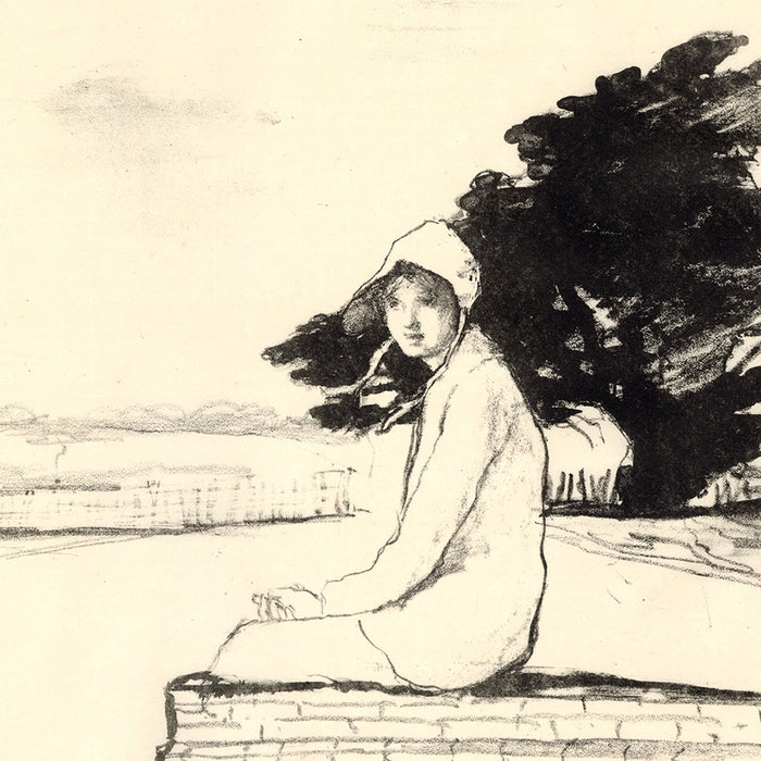 Ethel Gabain - The West Wind - lithograph of a woman sitting on a stone wall outside - detail